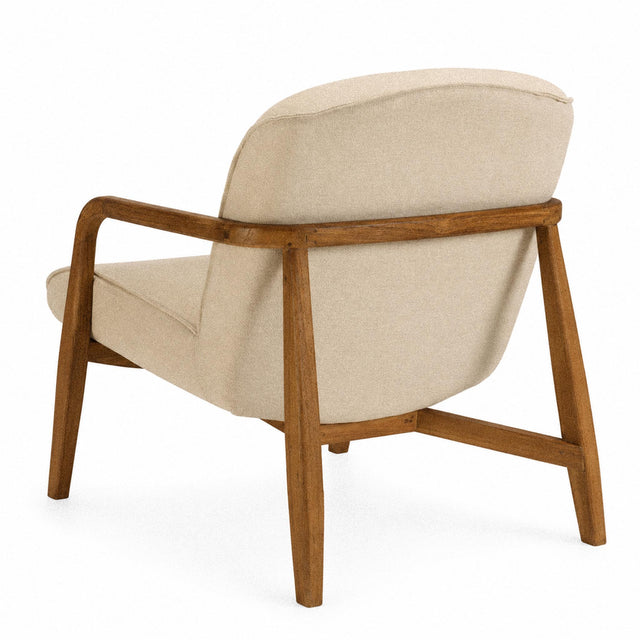 Fauteuil design contemporain en tissu beige et teck recyclé Sixtine – 67 cm