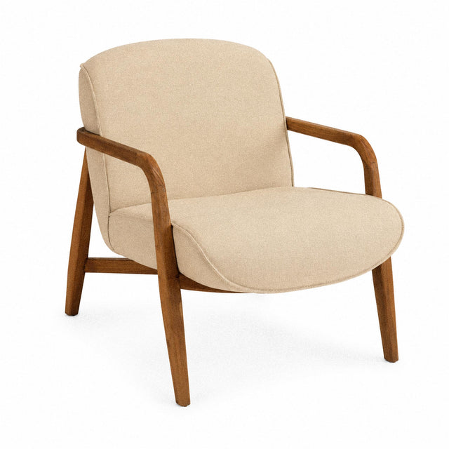 Fauteuil design contemporain en tissu beige et teck recyclé Sixtine – 67 cm